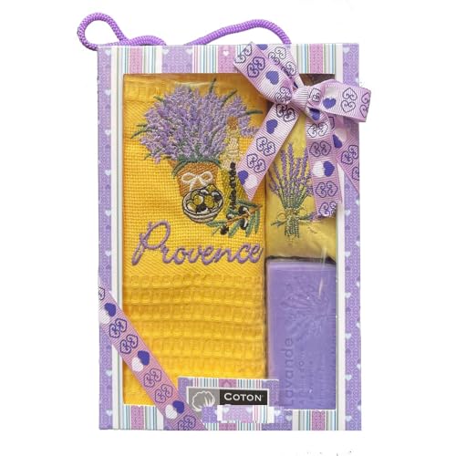Générique Coffret Cadeau Provence, Torchon Jaune Brodé 50x70 cm avec Savon et Sachet de Lavande