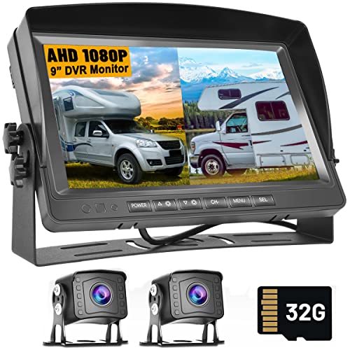 Image of 9 Inch DVR Car Monitor Dual Backup Camera Kit HD 1080P Night Vision IP69 Waterproof Rear View Cam 2 Split Screen Back Up Camera Kit for Car /Truck /Trailer /RV /Pickup 12-35V with 32G SD Card