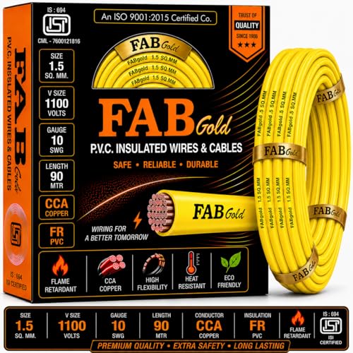 Image of 1.5 sqmm Single Core Copper Electrical Wire, 90 Meter (Yellow) | Heat Resistant & Flame Retardant (FR) | Lead-Free LSH House Wire for Home & Industrial Use