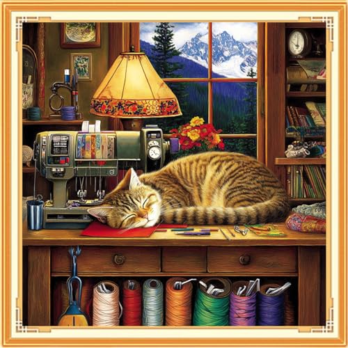Image of Dooxvey Counted Cross Stitch Kits for Adults 11CT Printed Cross-Stitch Patterns Cross Stitching Embroidery Kit Stamped or Counted Needlepoint Kits-The Cat on the Sewing Table 18x18 inch