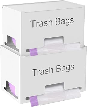 STWWO 2-Pack Trash Bag Holder Dispenser, Stackable Garbage Bag Dispenser, Extra Large Trash Storage Organizer for Kitchen Laundry Under Sink, Wall Mounted or Freestanding, Metal White