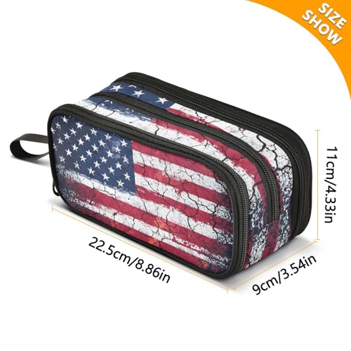 Image of Retro American Flag Pencil Case Box Boys Girls Large Pencil Pouch Zipper Compartments Big Capacity Stationery Pen Bag Organizer for Kids Teens Adults School Office