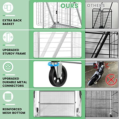 [2023 Upgrade] Shopping Cart For Groceries, 345 Lbs Heavy Duty Grocery Cart With 360° Swivel Wheels, Waterproof Liner, Dual Basket, Portable Folding Utility Carts For Seniors,Laundry,Transport Silver #TOP2