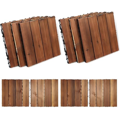 Wood Interlocking Flooring Tiles, Straight Pattern Patio Deck Tiles, 30 * 30 CM, Solid Pine Deck Tiles for Garden Indoor Outdoor (Wood Brown, 10 Pcs - 10 Square Ft)
