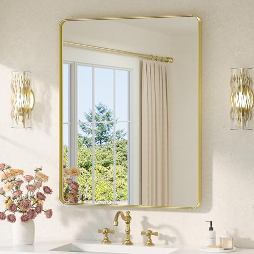 Image of TETOTE Gold Mirror Bathroom 28 x 36 Brushed Gold Metal Framed Vanity Mirror, Tempered Glass, Modern Farmhouse Wall Mounted Mirrors for Decorative(Horizontal /Vertical)