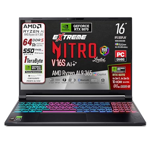 Notebook Gaming Nitro V16S Ai, Ryzen 9 365, Ram 64Gb ddr5, SSD da 1Tb, Display 16" WQXGA 180Hz, NVIDIA GeForce RTX 5070 8Gb GDDR7, Windows 11 Home - PC COPILOT +, Ready to use - Notebook