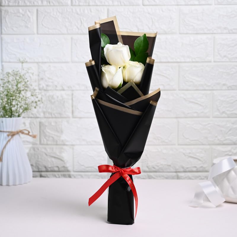 Image of FlowerAura Premium Fresh Live Flower Bouquet of 3 White Roese In Designer Paper Gift For Birthday | Anniversary | Love | Home Decor | Fathers Day Gift For Dad (Same Day Delivery)