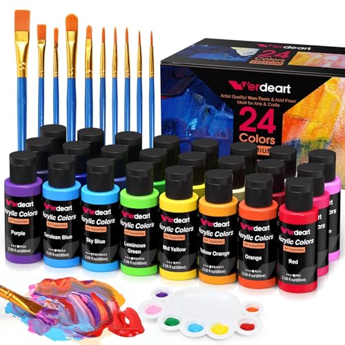 Verdeart Acrylic Paint Set - 24 Colors 2 oz/59 ml Acrylic Paints for Professional Artists with 10 Brushes  Art Supplies for Painting Canvas Rock Wood Ceramic Glass Art Craft Painting Rich Pigments Lasting Quality for Beginners