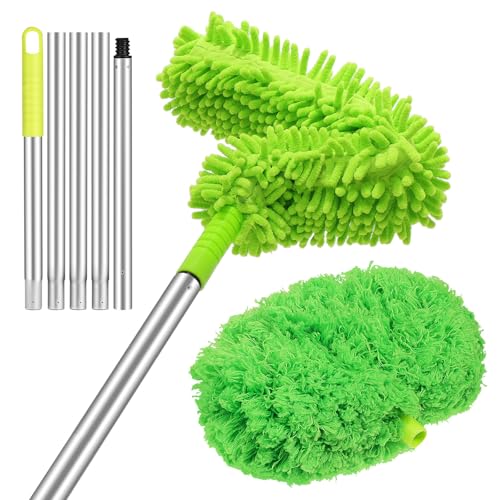 Hemobllo Plumero Limpiador de Ventiladores de Techo Mango Extensible de Aluminio 15 M Cabezal Desmontable Dos Tipos de Cepillos para Polvo y Telarañas en Techos Altos