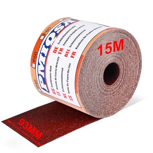 PMIQSA Rouleau De Papier Abrasif Grain 120, 93 mm X 15 M Papier De Verre En Toile éMeri à Base De Tissu, Papier Abrasif à L'Oxyde D'Aluminium Pour...