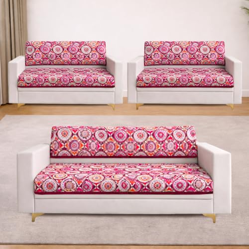 Image of Homerz Premium 7 (3+2+2) Seater Velvet Sofa Panel Cover with Digital Prints | Anti-Slip Backing (Pink Rangoli, 7 (3+2+2) Seater with Back)