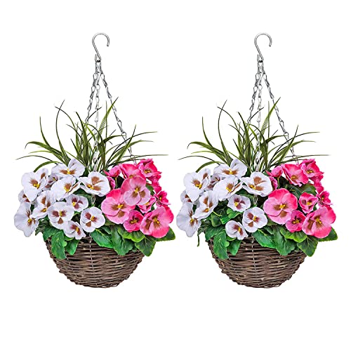 2x Artificial Hanging Baskets | Round Rattan with Pink and White Pansies | Decorative Grasses | 25cm | Indoor & Outdoor Use