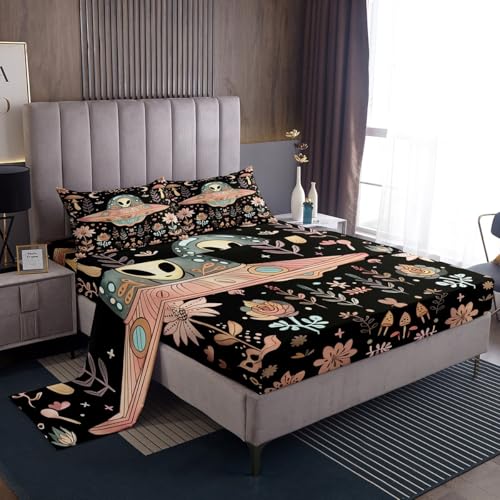 Manfei Alien Black Bed Sheet 4 Piece,Outer Space Spaceship Starry Moon Sheets Full Size Bed Set,Pink Mushroom Nature Botanical Flowers Plants Bedding Set with Flat,Fitted Sheet,2 Pillow Cases