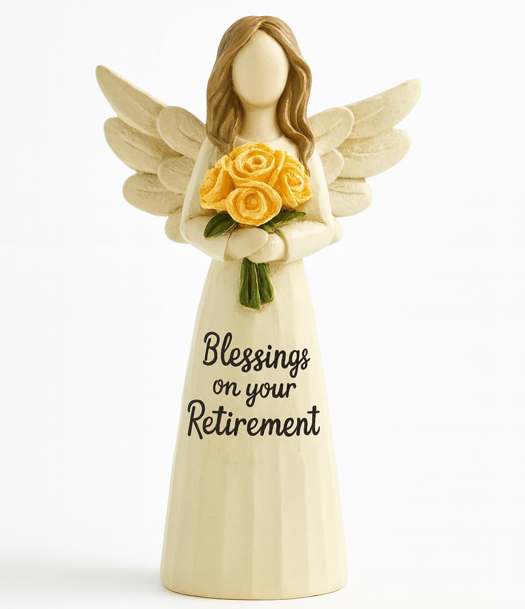 Retirement Angel Figurine, Hand-Painted Resin Keepsake with Yellow Rose – “Blessings on Your Retire ment” Figure, 5.4" Desk Mantel Décor Thoughtful Gift for Coworker Teacher Nurse Women (Retirement)