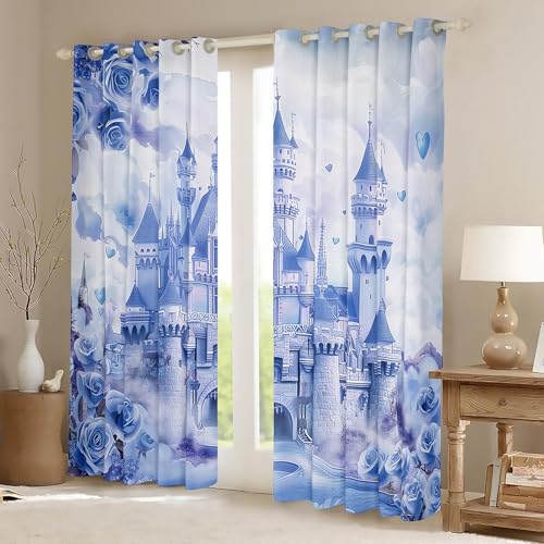 Tale Castle Princess Theme Kids Window Curtains,Blue Castle Rose Flowers Dreamy Window Drapes for Girls Women,Cloud Rainbow Cute Blue Noble Window Treatments Grommet Top 2 Panel Set,66Wx72L inch