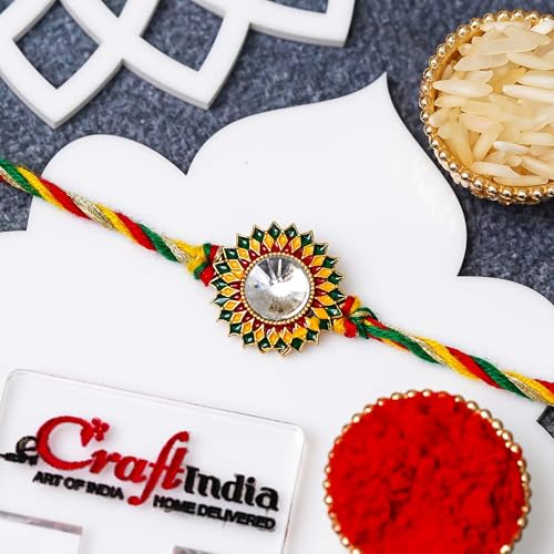 Image of eCraftIndia Green Yellow Red Beautiful Flower Kundan Designer Rakhi for Brother | Raksha Bandhan Rakhi for Bhai Bhaiya