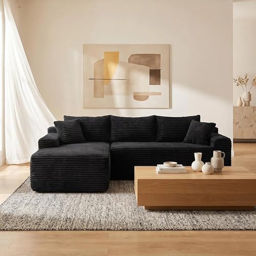 95" L-Shaped Cloud Sectional Couch, Left Facing Modular Compressed Boneless Sectional Sofa with Chaise Lounge, Plush Corduroy Boneless Corner Sofa for Living Room - Image 4
