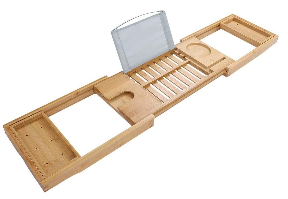 Beauenty Bamboo Bath Tray Rack Multi Functional Toilet Adjustable Book Folder With Advanced Luxury Tray Manager For Mobile Phones And Wine Glasses (Natural Bamboo Color)