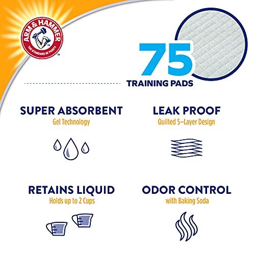 Image of Arm & Hammer for Dogs Training Pads for Stay-at-Home Dogs | New & Improved Super Absorbent, Leak-Proof, Odor Control Quilted Dog Training Pads with Baking Soda | 75 Count - 6 Pack Wee Wee Pads,White