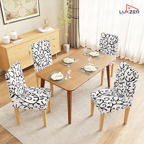 Image of Lukzer 1PC White Design Stretchable Dining Chair Cover | Universal Fit Removable Washable Slipcover | 140 GSM Polyester + Spandex | Elastic Protective Cover for Home & Hotel Chairs Seat Slipcover