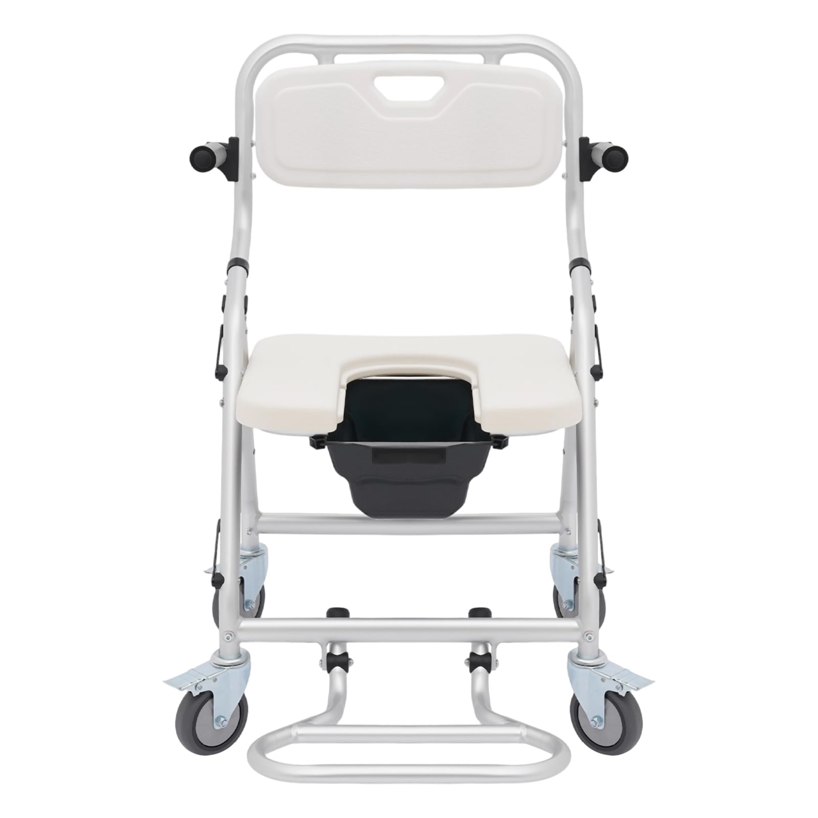 Taburete de ducha plegable con ruedas, silla de ruedas con accesorio de inodoro, 150 kg, soporta 4 ruedas con frenos, aleación de aluminio, impermeable, para personas mayores y con movilidad reducida