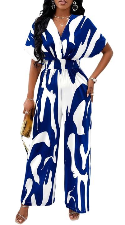 Image of PerZeal Women's V-Neck Short Sleeve Printed Jumpsuit with Pockets - Casual Wide Leg One-Piece Romper for Summer（S-XXL）