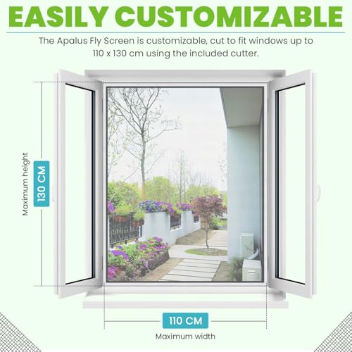 Apalus Fliegengitter Fenster, Zuschneidbar auf Fenstergrößen bis 110x130cm, Insektenschutz mit Starkem Klettband, Kinderleichte Montage, Presshilfe und Zuschneider Inklusive, Schwarz 2 Stück
