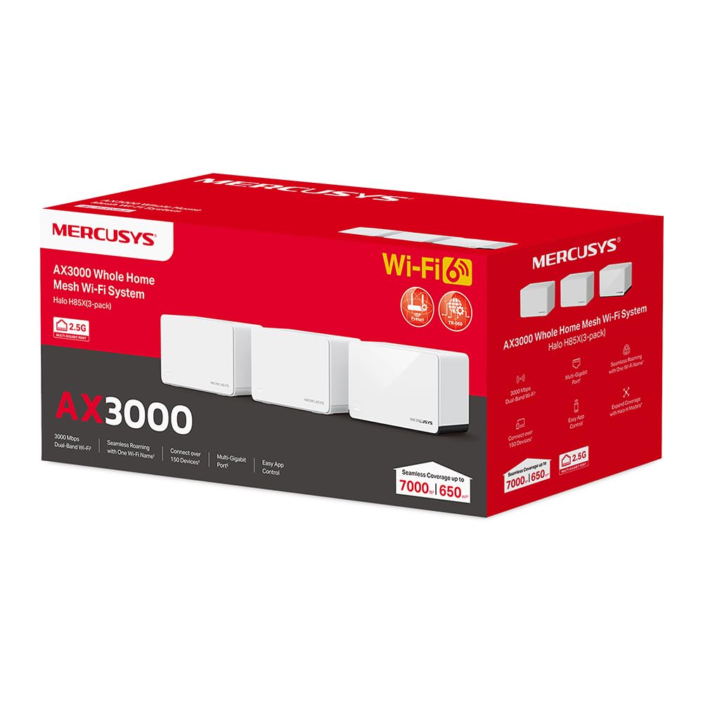Mercusys TP-Link Halo H85X Mesh Wi-FI 6 AX3000Mbps Double Bande, 2,5G Port WAN/LAN, 2 Ports WAN/LAN Gigabit, Couverts jusqu'à 460 m2, MU-MIMO, WPA3, contrôle par Application, 2 pièces