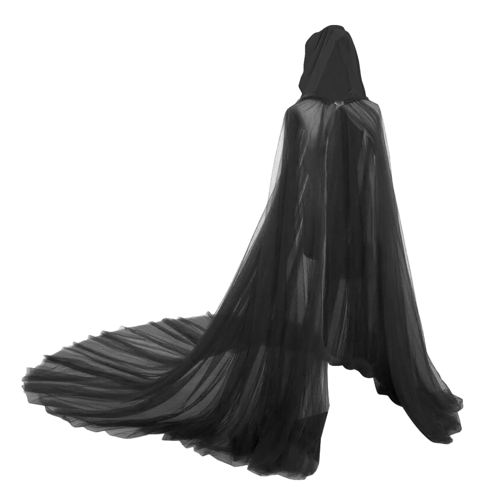 Adult Full Length Sheer Cape with Hood Halloween Costume Bridal Hooded Tulle Cloak Elf Robe Veil Cosplay Ghost Fancy Dress Role Play Vampire Witch Long Gothic Mantle
