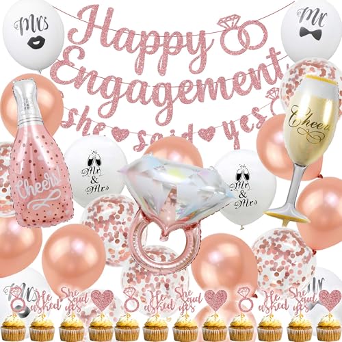 Bcxiuso Rotgoldene Verlobungs-Party-Dekorationen – 37 Stück glitzernde "Happy Engagement She Said Yes" Banner, Cupcake-Topper, Diamantring, Weinglasflasche, Folienballons für Antragsparty-Zubehör