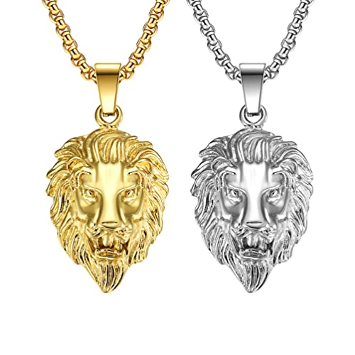 Liitata Lot de 2 colliers avec pendentif en forme de tête de lion - Style rock gothique punk hip hop - Pour homme - Or argenté