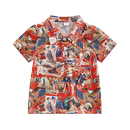 4th of July Baby Boy Outfits American Flag Print Short Sleeve Lapel Shirt Tops Toddler Kids Boys Summer Clothes (Red,5-6 Years)