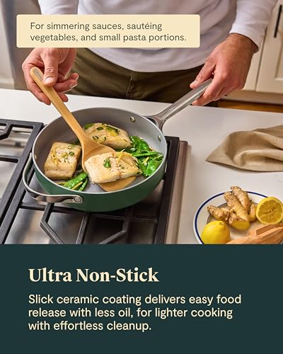 Image of Caraway Ceramic Nonstick Saute Pan with Lid - 10.5 inch (3 qt) - Non Toxic, PTFE & PFOA Free - Oven Safe to 550F - Compatible with Gas, Electric, Induction Stovetops, Navy