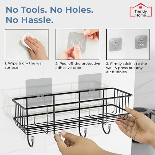 Image of Trendy Home Self Adhesive Bathroom Shelf Organiser, Drill-Free Wall Rack | with Magic Stickers & 4 Hooks, Rust-Proof Storage Shelf for Bathroom, Black