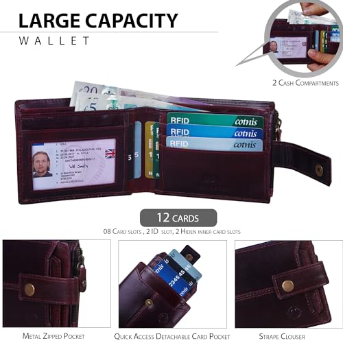 Image of Crafted RFID Safe Leather Wallet for Men /Women, Bifold Trendy, Full Grain with Card Holder and Zipper Coin Pocket