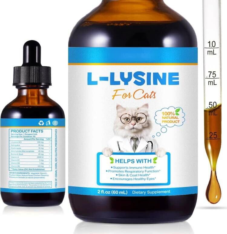 L-lysine Supplement for Cats Cat L-Lysine Liquid Drops for Immune Support Feline Respiratory Sneezing Runny Nose Helps Strengthen Natural Defenses Roast Chicken Flavor 2oz (60mL)