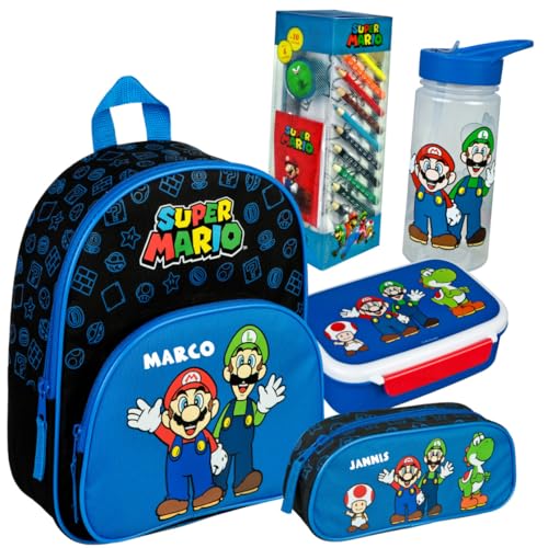 Sac à dos Super Mario pour la rentrée scolaire avec gourde boîte à goûter et trousse nom