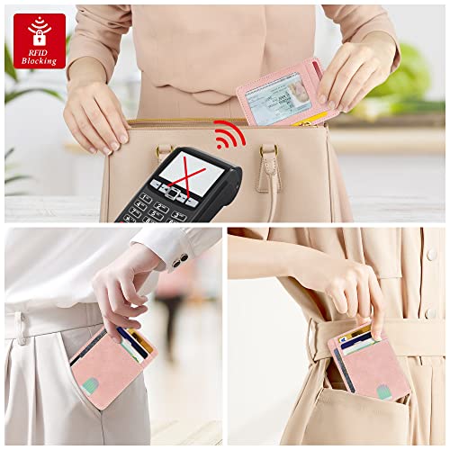 Image of CONISY Slim Credit Card Holder for Women, Thin Front Pocket Leather Mini Wallet with RFID Blocking (Pink)