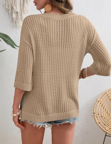 Image of Rapbin Women's Crochet V Neck Beach Cover Up 3 /4 Sleeve Hollow Out Knitted Pullover Sweater