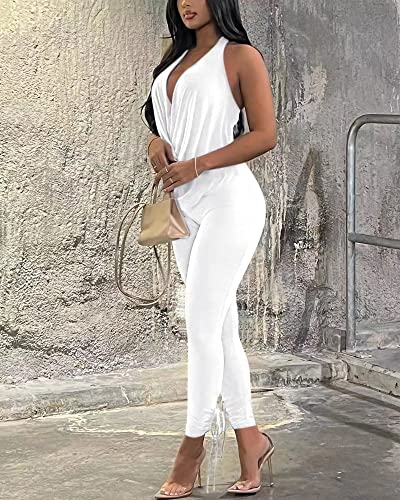 Doweha Women's Sexy Summer Two Piece Outfits Sleeveless Backless Deep V Neck Tank Tops And High Waisted Pants Matching Sets2