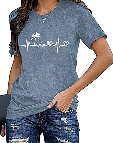 Beach Heartbeat T Shirt For Women Love Heart Graphic Tees Print Shirts Short Sleeve Casual Summer Vacation Tee Tops-Blue M #TOP2