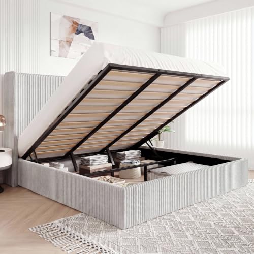 Image of Allewie King Lift-Up Storage Bed Frame, Corduroy Wingback Headboard, Grey