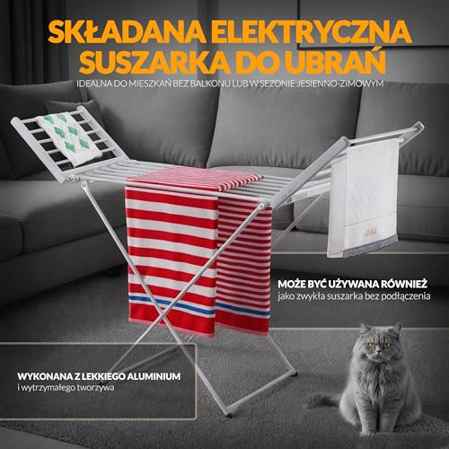 avenido Elektrischer Wäschetrockner, Wäschetrockner mit 18 Heizstäbchen, Beheizbarer Wäscheständer 220W, 148 x 52,5 x 90 cm, Reduziert die Trocknungszeit, IP22, silber-weiß