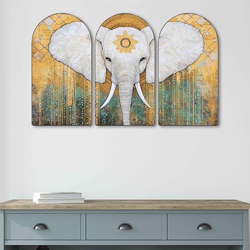 Image of Livin'luxe Majestic White Elephant Wall Painting | Spiritual & Artistic Set of 3 MDF Panels | Golden Teal Abstract Decorative Wall Art for Living Room, Bedroom & Home Decor (20 x 30 Inch) RPNS-28