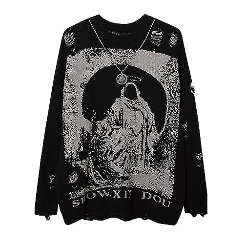 Harajuku Destroyed Hip Hop Destroyed Ripped Crewneck Pullovers Knitwears Sweaters Men Black