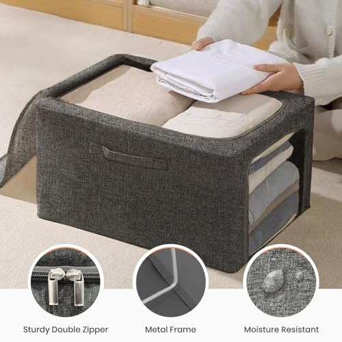 Image of Yellow Weaves 2 Pcs Clothes Organizer for Wardrobe, Foldable, Stackable, Space Saver Closet Basket, Cupboard Almirah Organizer, Storage Box for Clothes (Grey, Large)