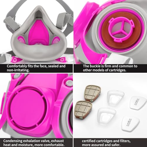 RANKSING Respirator Mask with Filters and Safety Glasses to Against Dust Gases Fumes Asbestos Chemicals while Painting Spraying Sanding Welding Construct and Work PPE 6200 Pink Medium