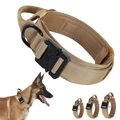 Collar para perros con asa, collar para perros con hebilla de metal, collar táctico para perros impulsivo y fuerte prevención de tirones, collares ajustables para perros (marrón, M)