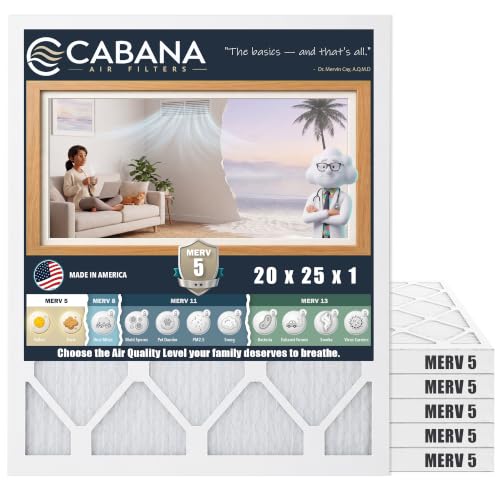 Cabana Filters 6-Pack 20x25x1 MERV 5 AC Furnace Air Filter Pleated Filters Indoor HVAC System Filtration Replacements - Captures Unwanted Particles