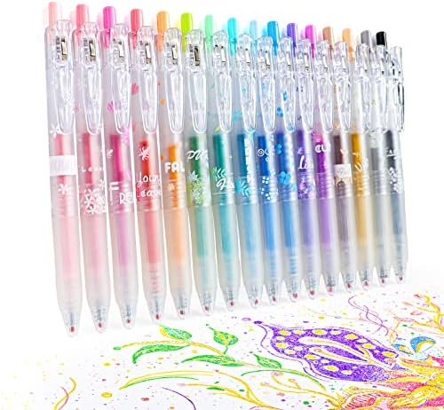 HANKU Glitter Gel Ink Pens 16 Assorted Color Retractable Gel Pen Set 0.7mm Fine Tip Colored Journaling Pens for Coloring Drawing Doodling Office School Art Supplies (16 COLORS)…